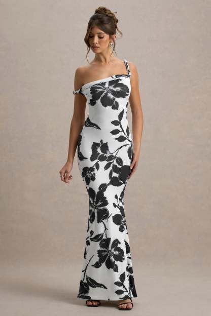 Monochrome Floral Print Twisted Asymmetric Maxi Dress