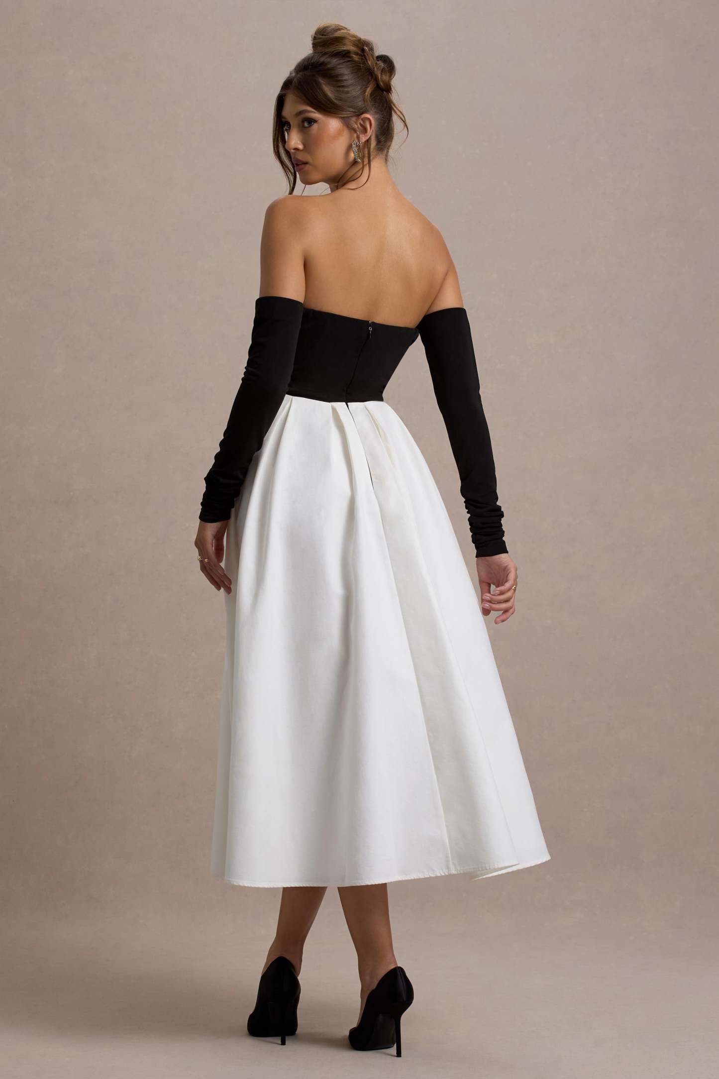 Solada Black & Cream Bardot Pleated Maxi Dress