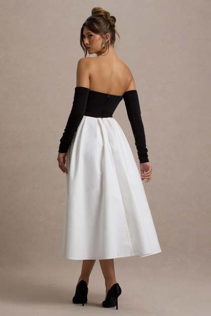 Solada Black & Cream Bardot Pleated Maxi Dress