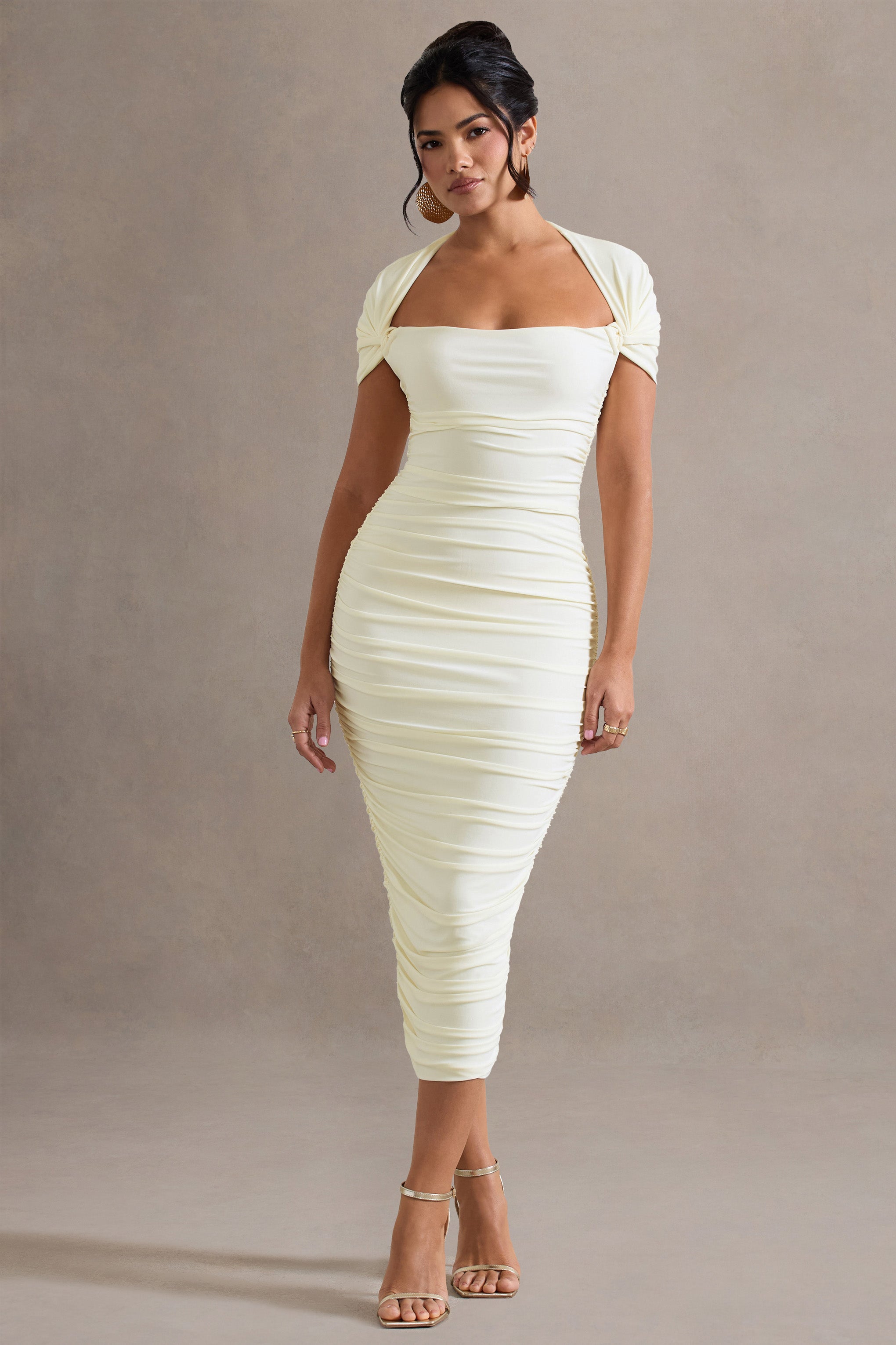 Ecru Ruched Short-Sleeve Midi Dress