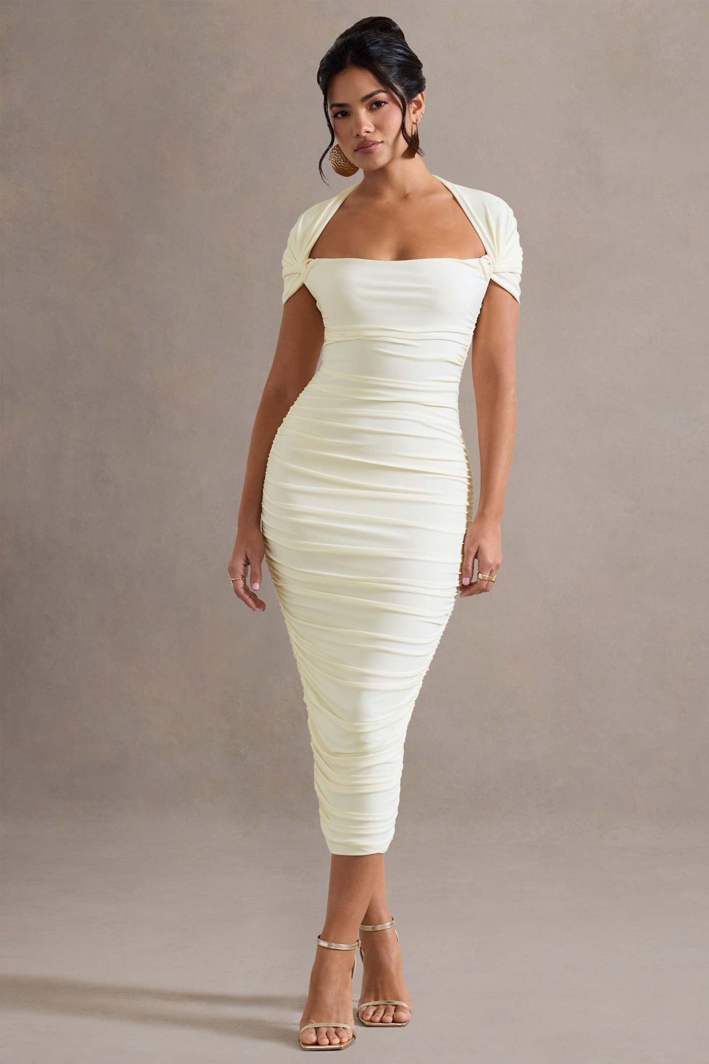 Ecru Ruched Short-Sleeve Midi Dress