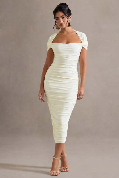 Ecru Ruched Short-Sleeve Midi Dress