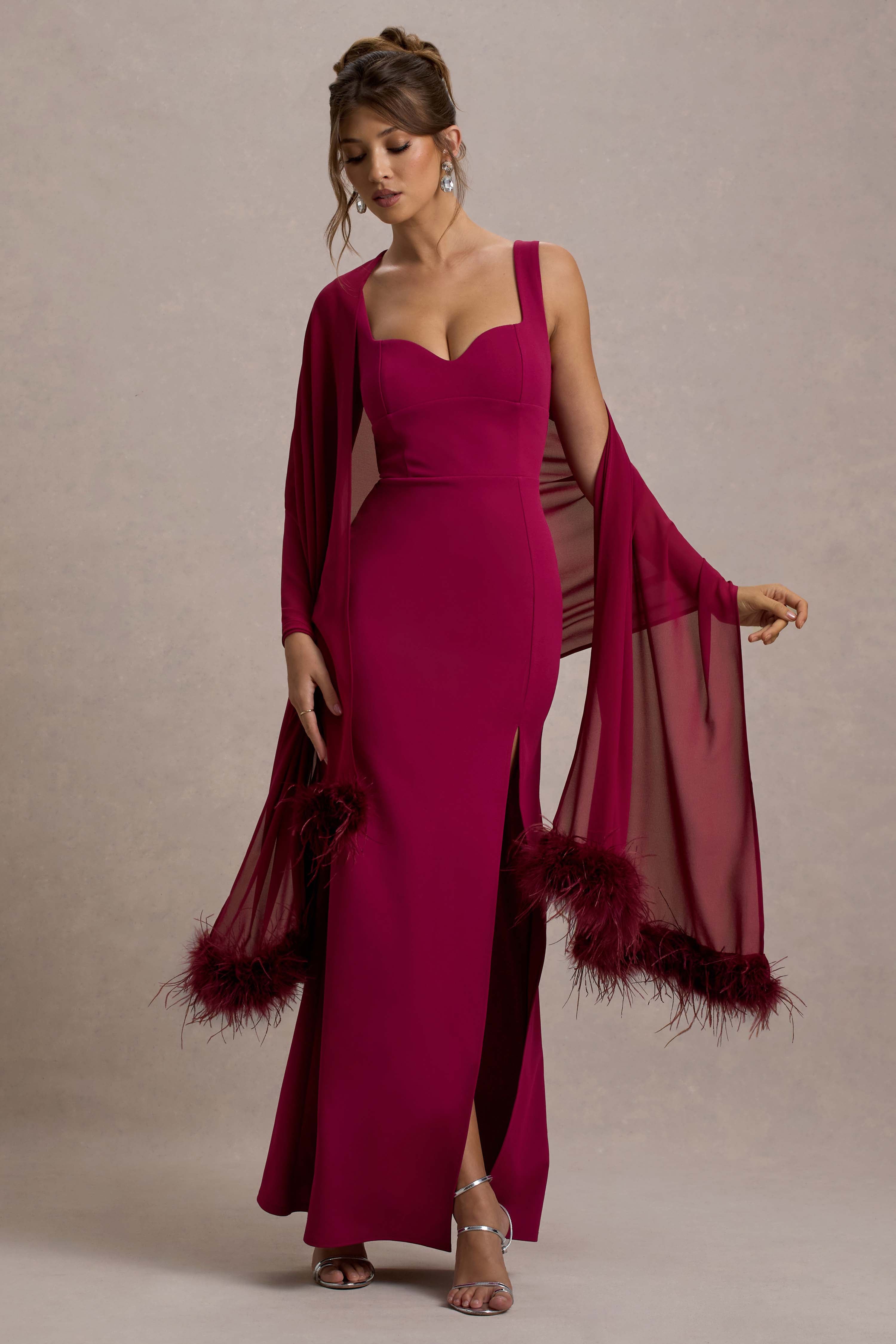 Swoon Mulberry Chiffon Feather-Trim Shawl