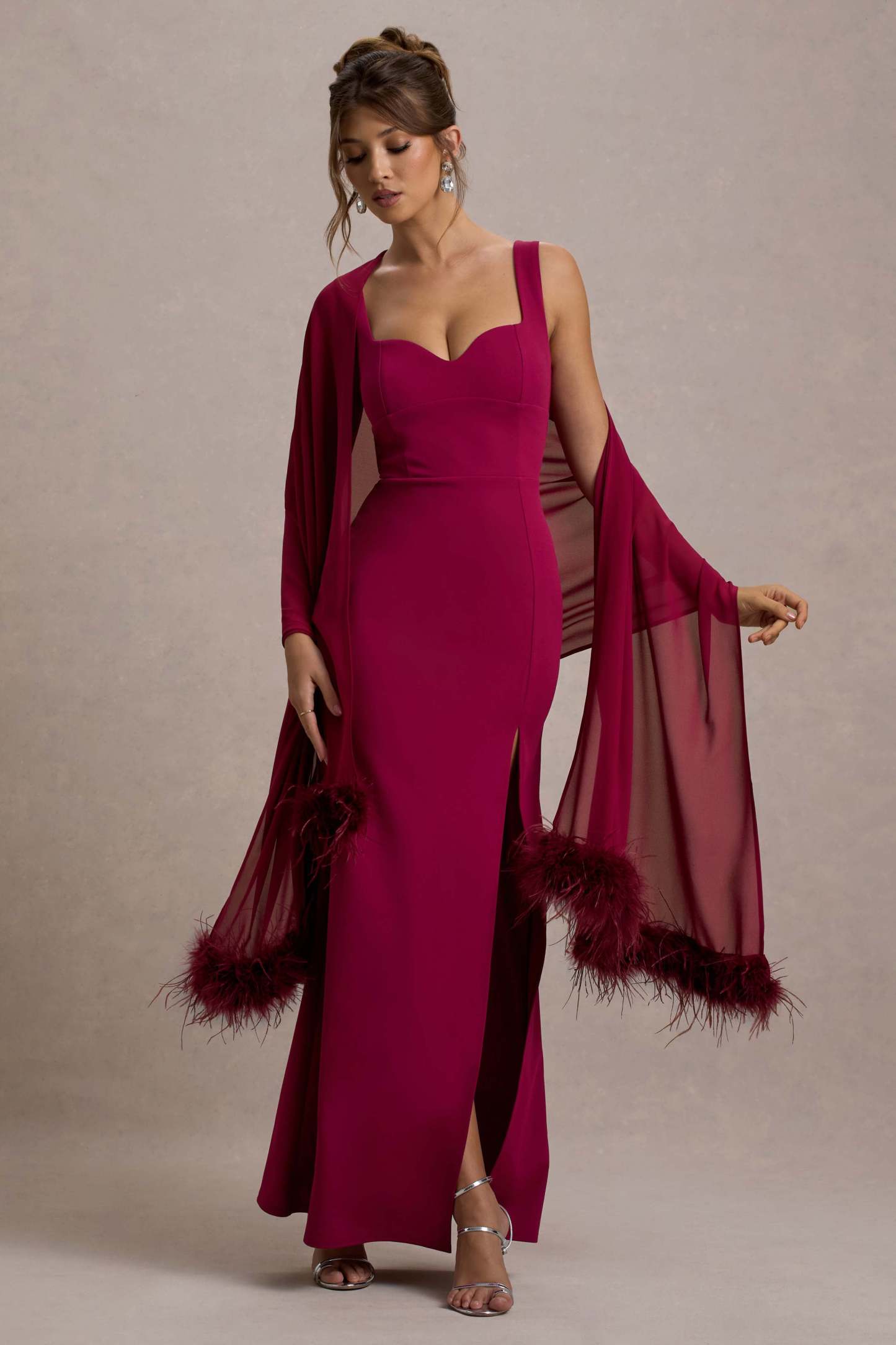 Swoon Mulberry Chiffon Feather-Trim Shawl