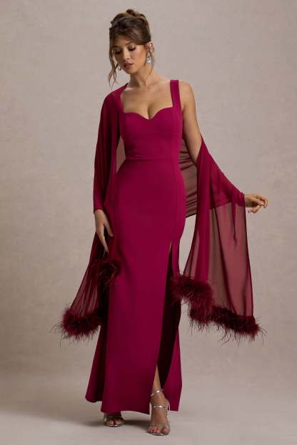 Swoon Mulberry Chiffon Feather-Trim Shawl