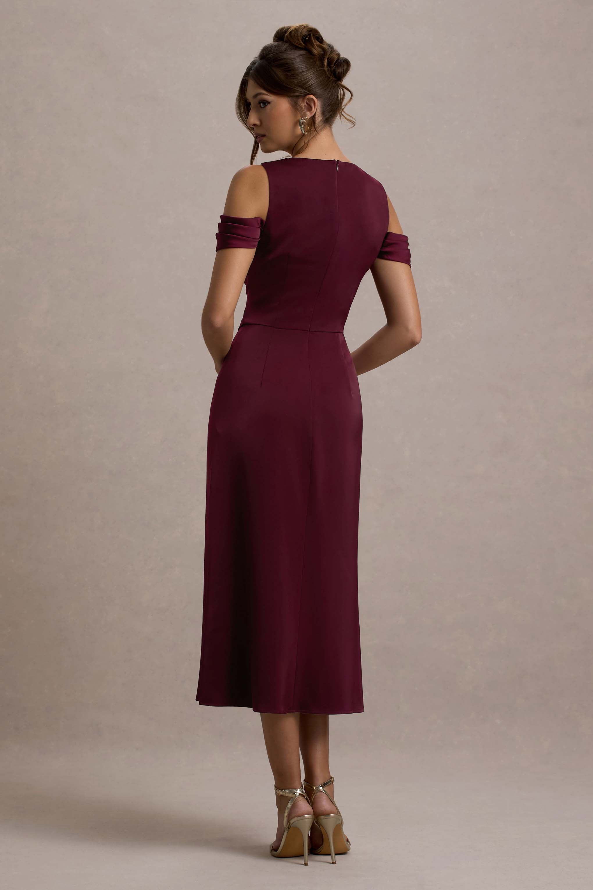 Sawyer Wine Satin Draped Midi Dress