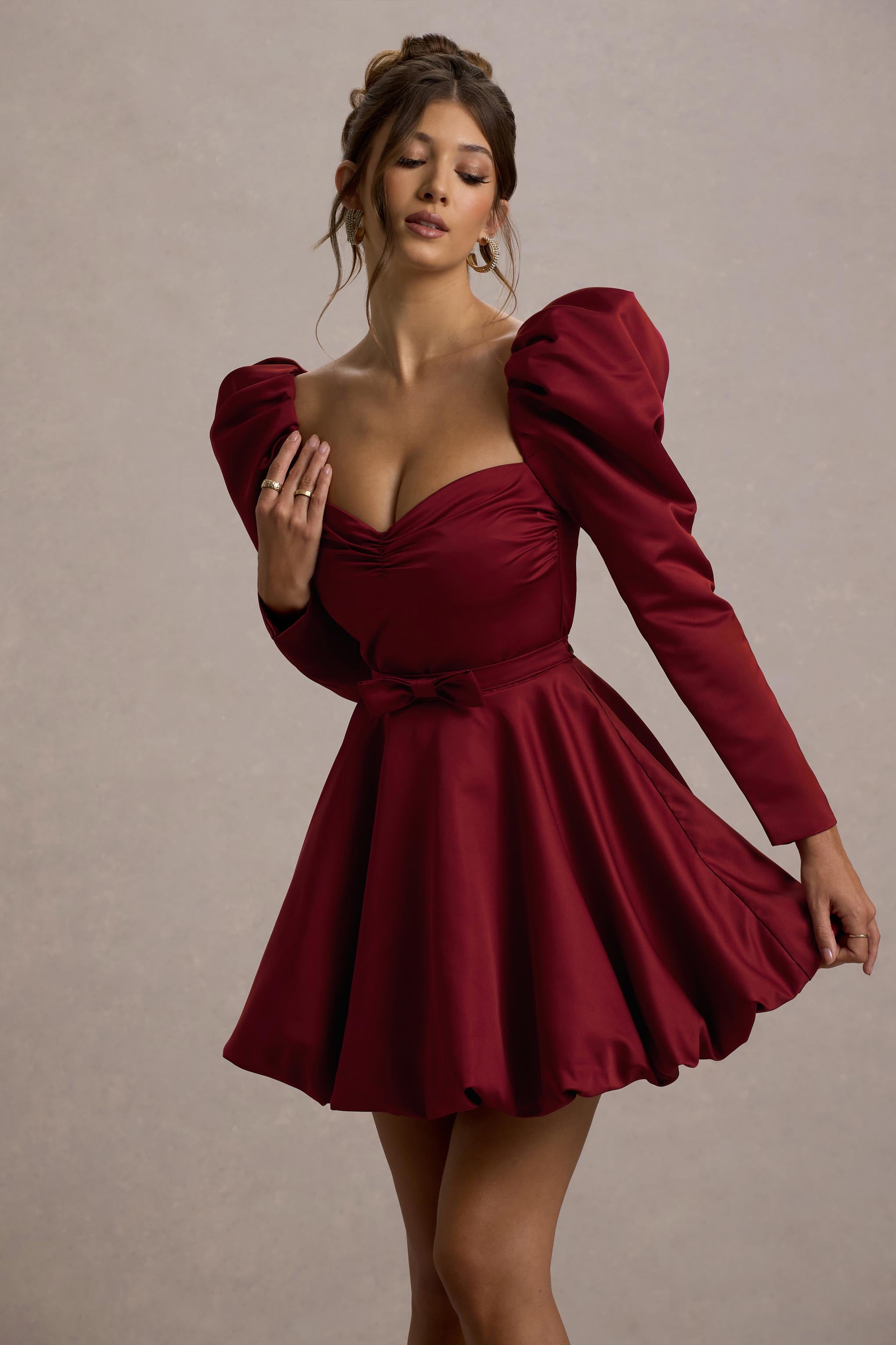 Murphy Burgundy Satin Belted Mini Dress With Puff Sleeves