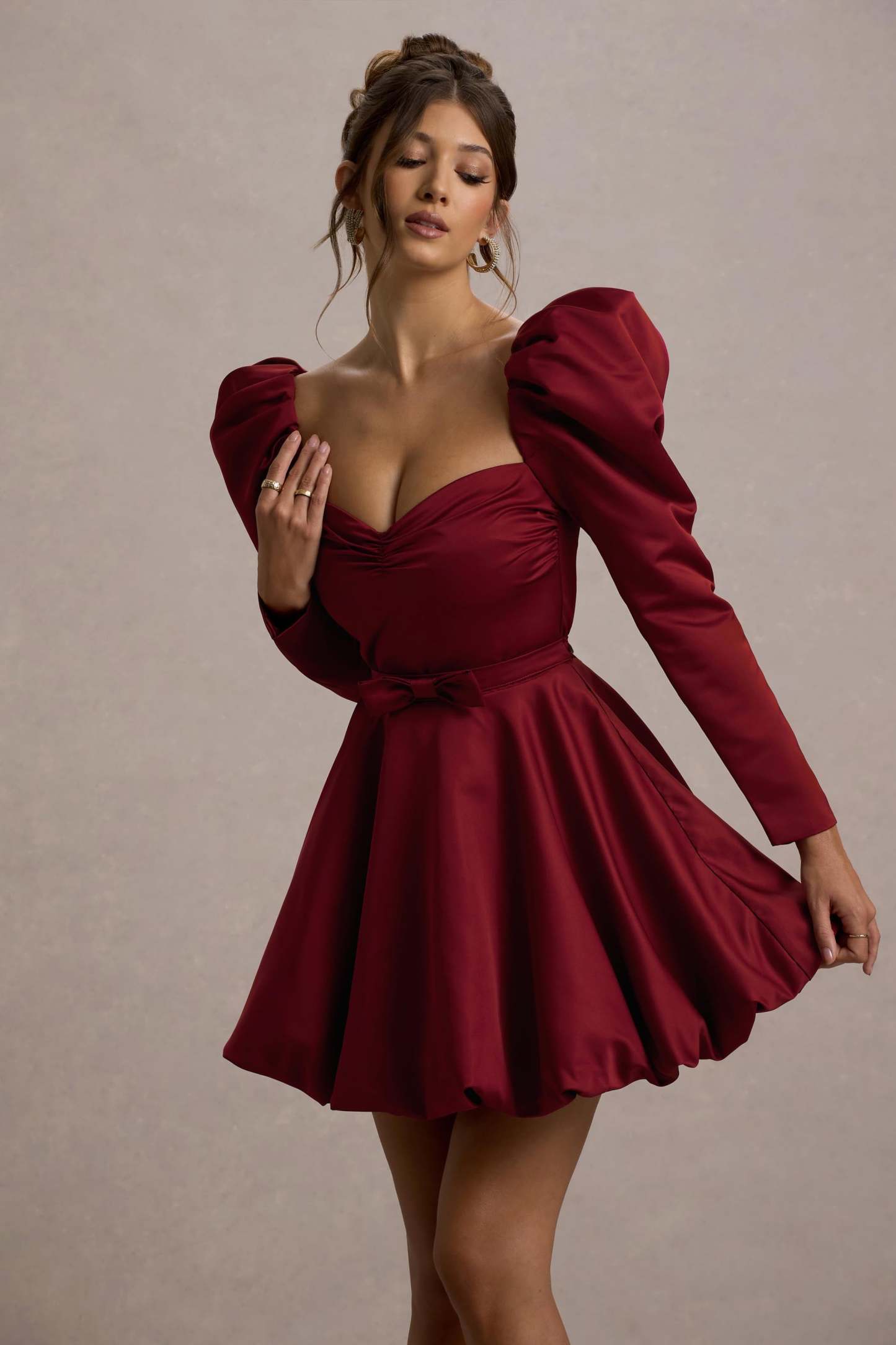 Murphy Burgundy Satin Belted Mini Dress With Puff Sleeves