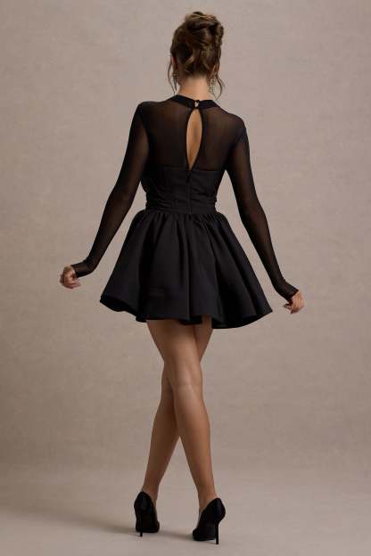 Jeri Black Mesh Long-Sleeve Ruffled Mini Dress