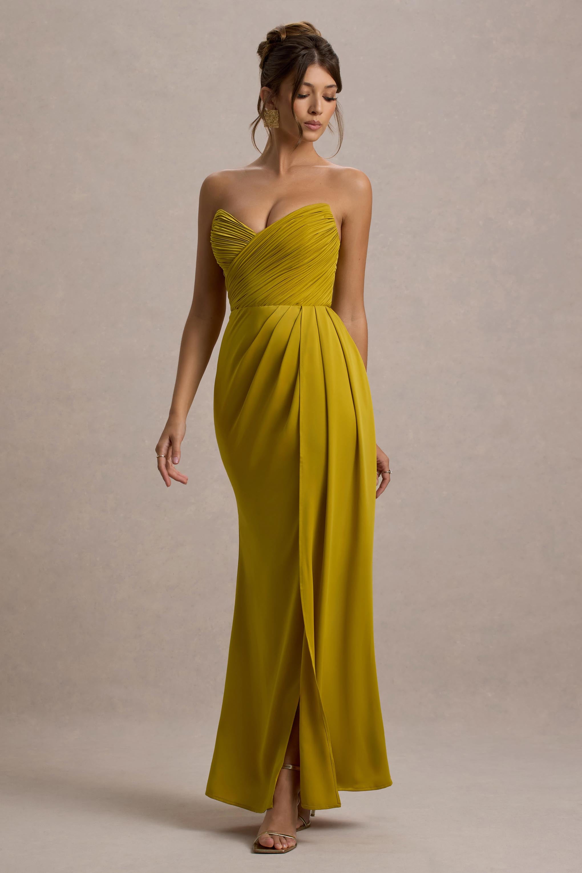 Edel Mustard Satin Strapless Maxi Dress With Drape