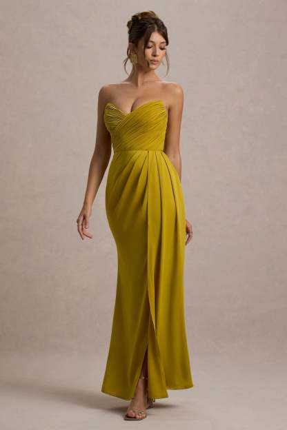 Edel Mustard Satin Strapless Maxi Dress With Drape
