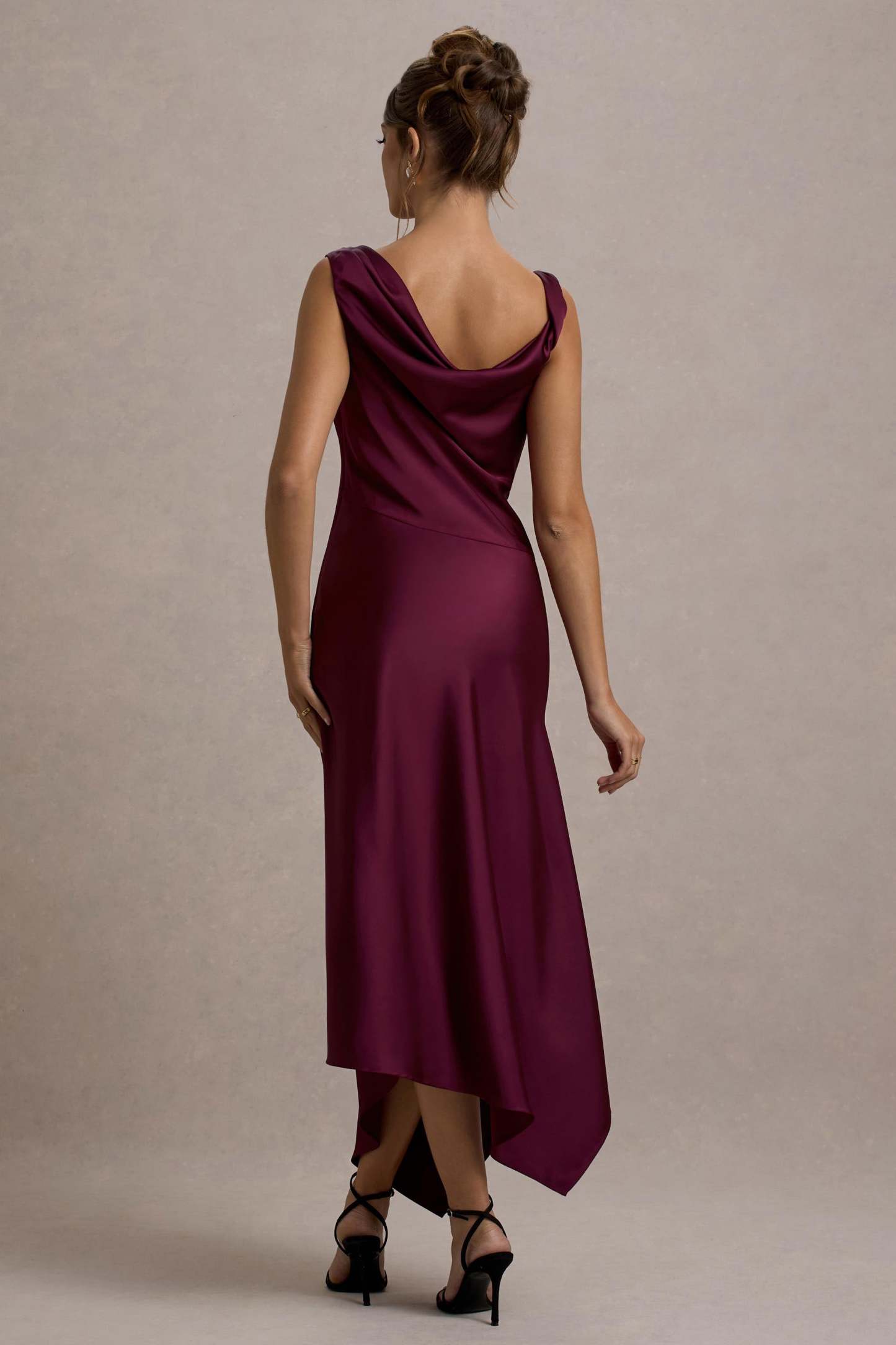 Donelli Plum Satin Asymmetric Midi Dress