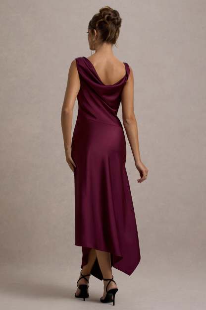 Donelli Plum Satin Asymmetric Midi Dress