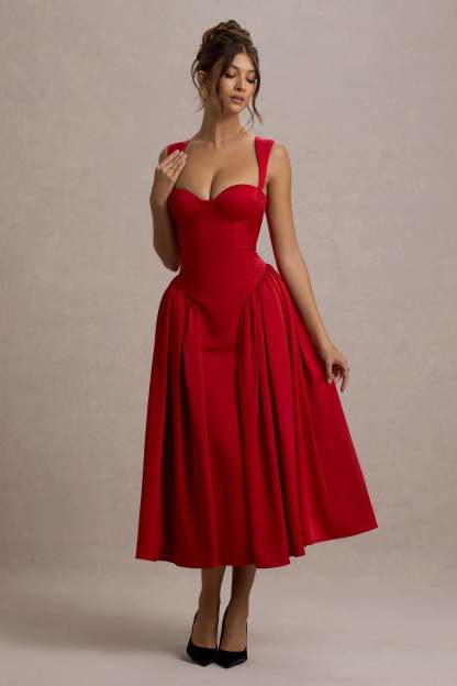 Covia Red Satin Sweetheart Midi Dress