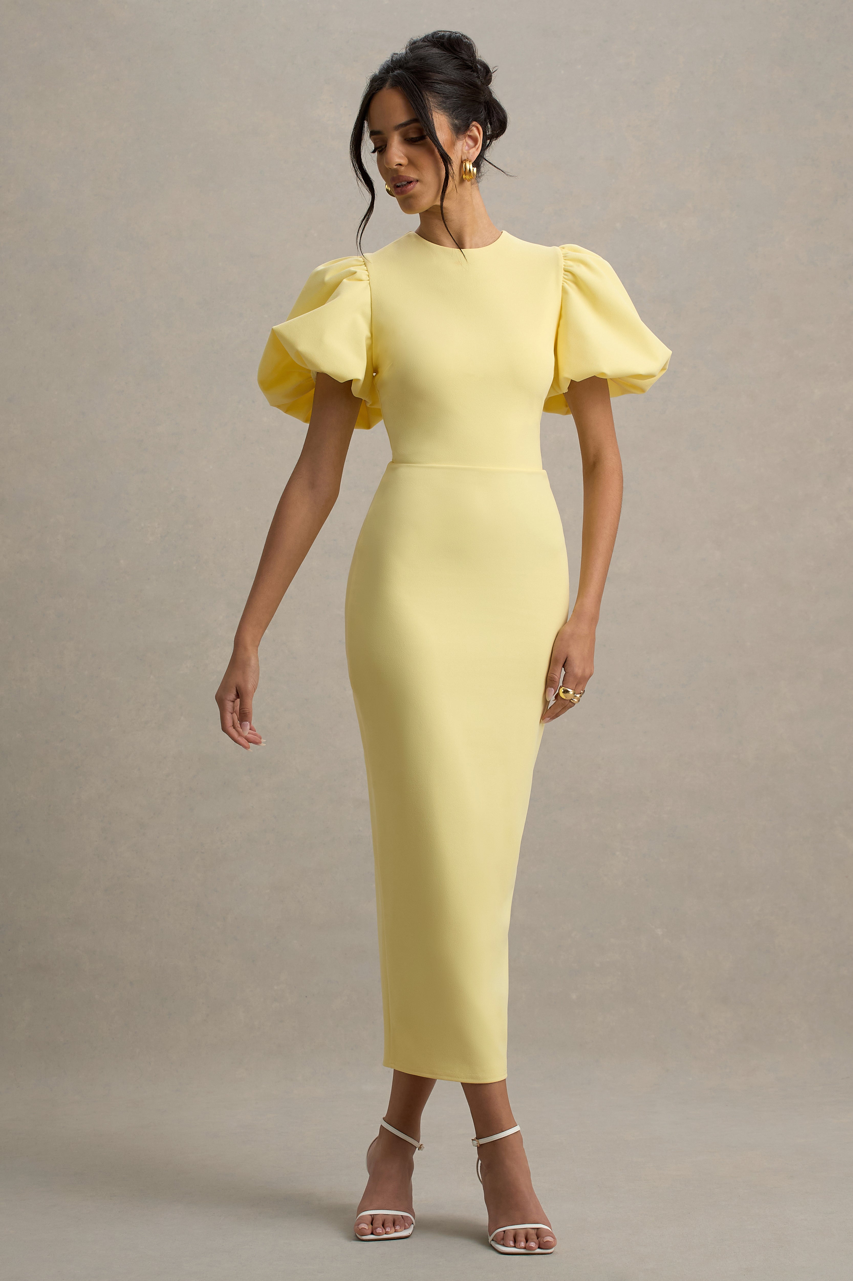 Lemon Puff-Sleeve Midi Dress