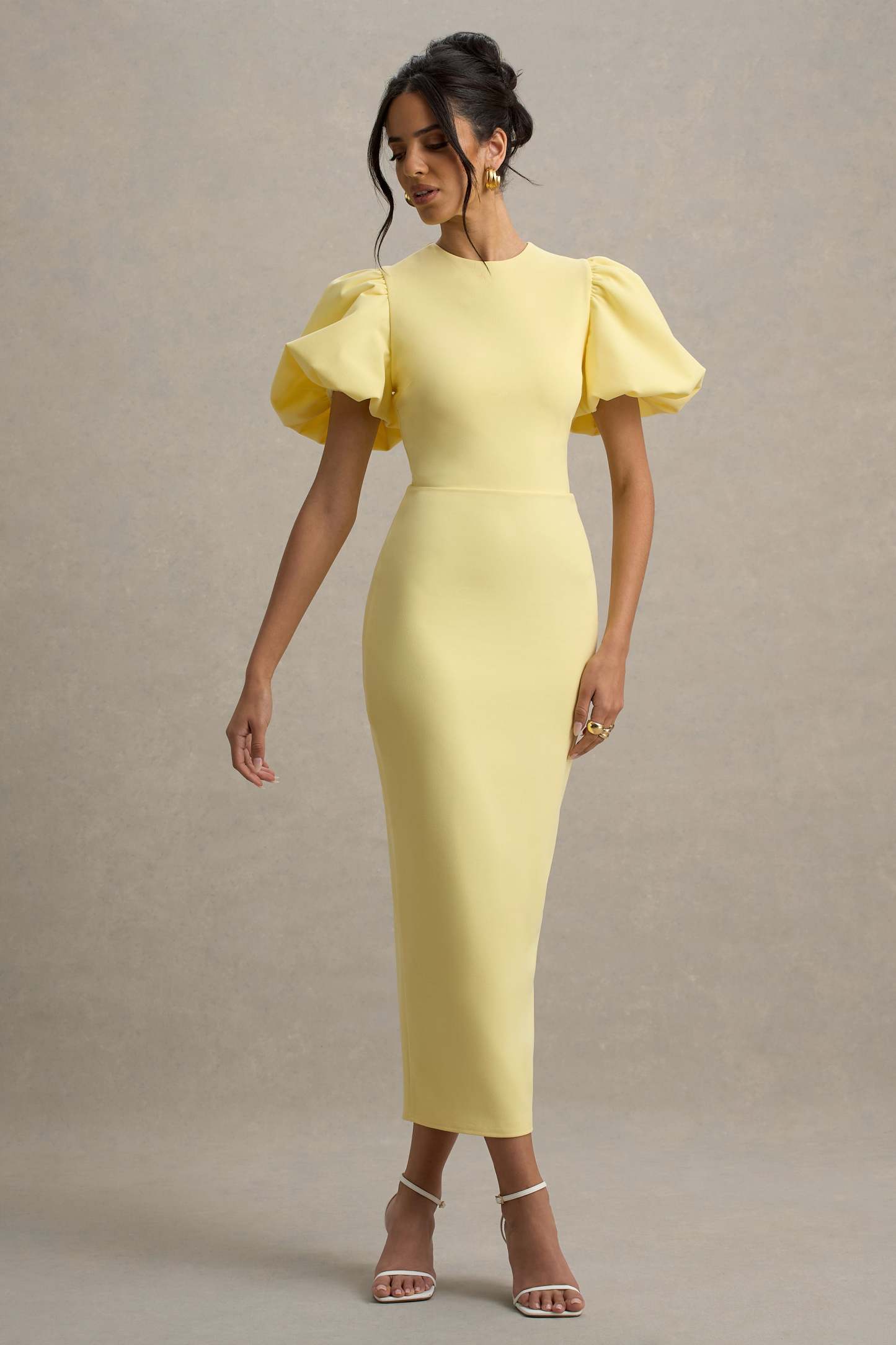 Lemon Puff-Sleeve Midi Dress