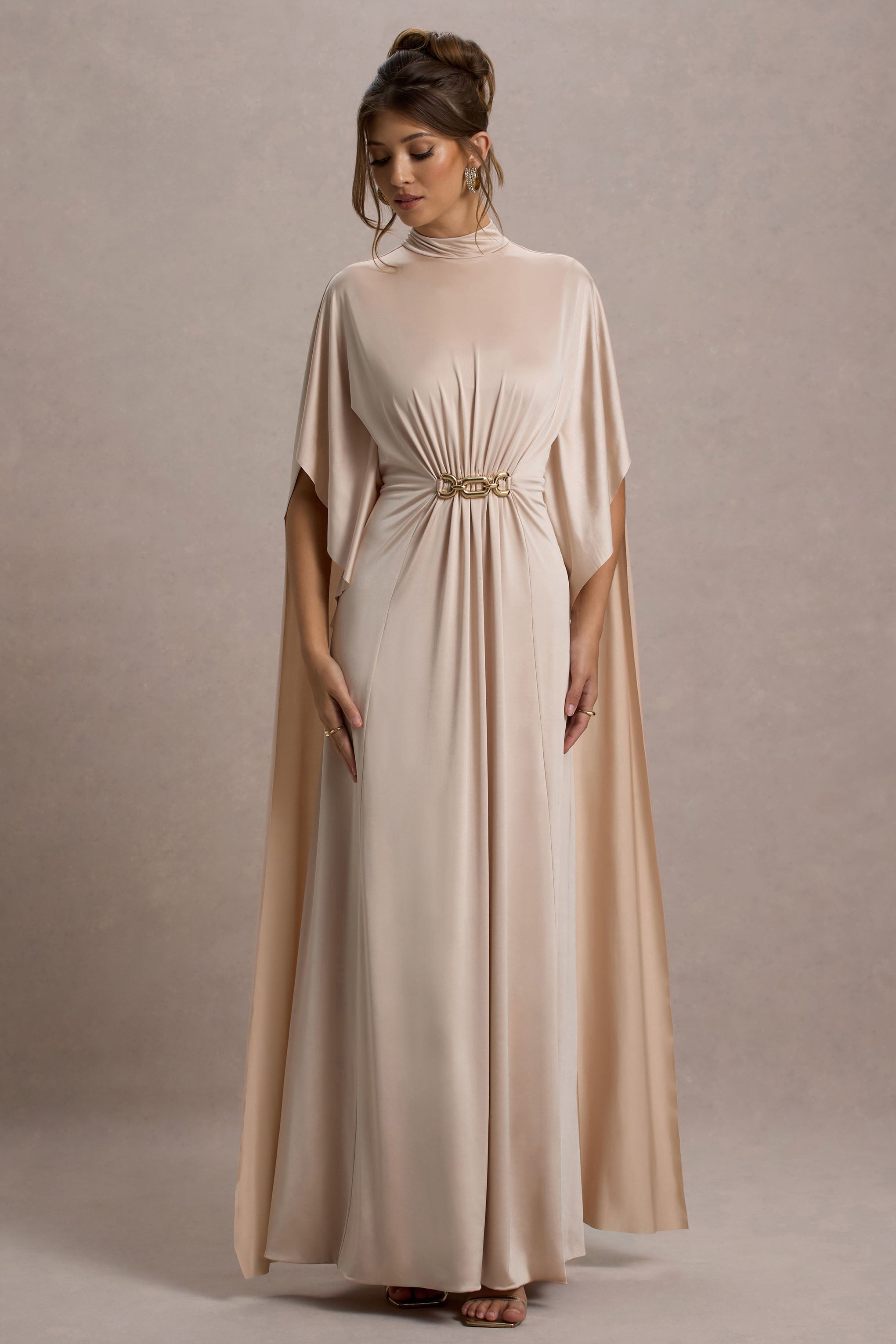 Olessia Champagne Belted Gathered Cape-Sleeve Maxi Dress