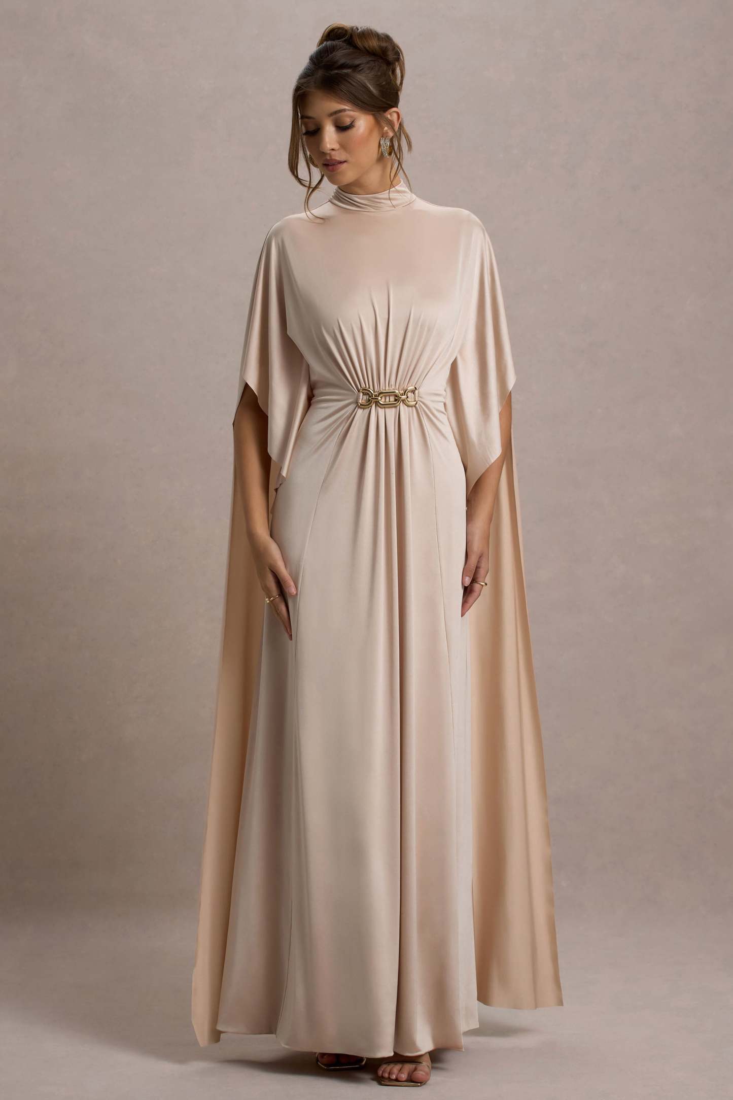 Olessia Champagne Belted Gathered Cape-Sleeve Maxi Dress