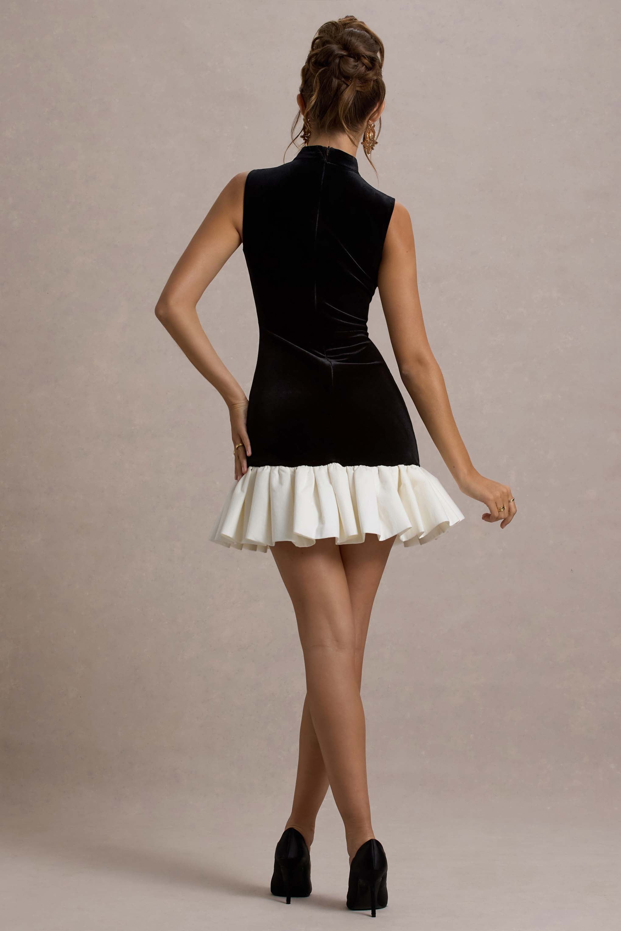Baxter Black & White Velvet Mini Dress With Satin Ruffle Trim