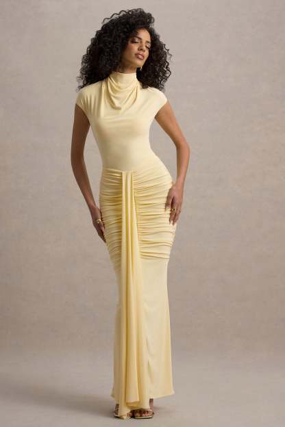 Lemon High-Neck Ruched Maxi Dress With Draped Skirt