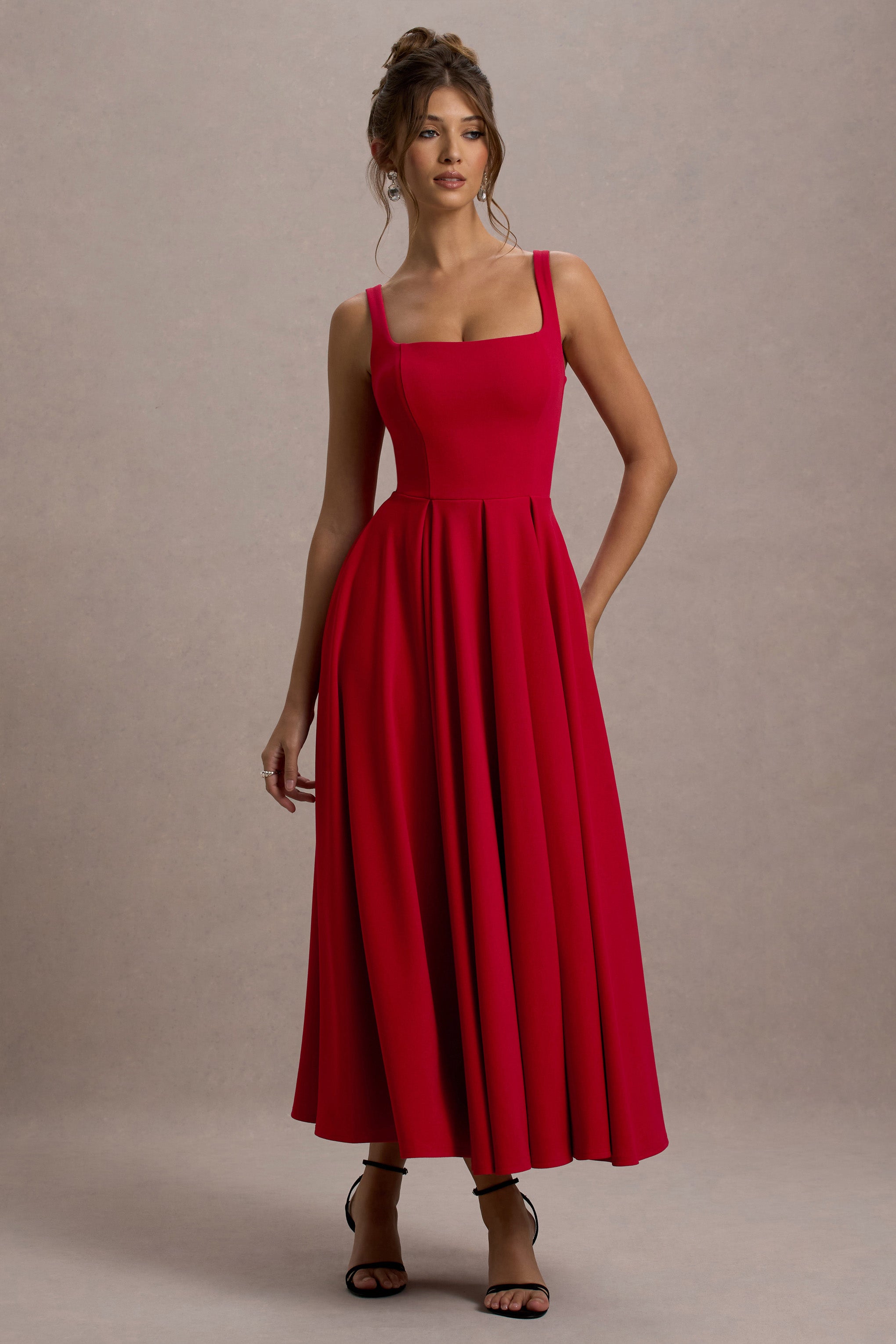 Red Strappy Volume-Hem Midi Dress