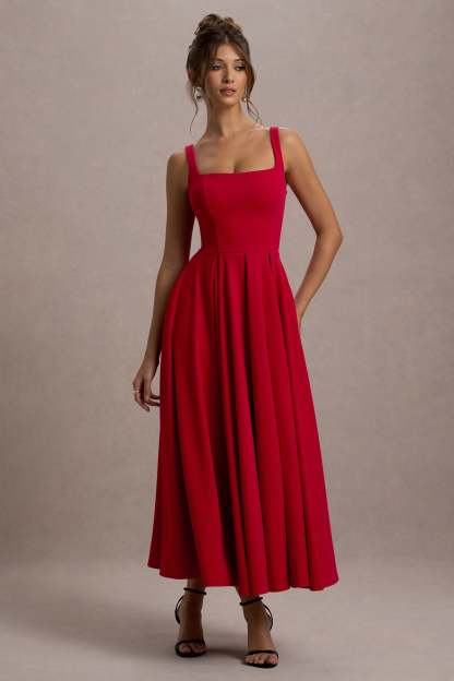 Red Strappy Volume-Hem Midi Dress