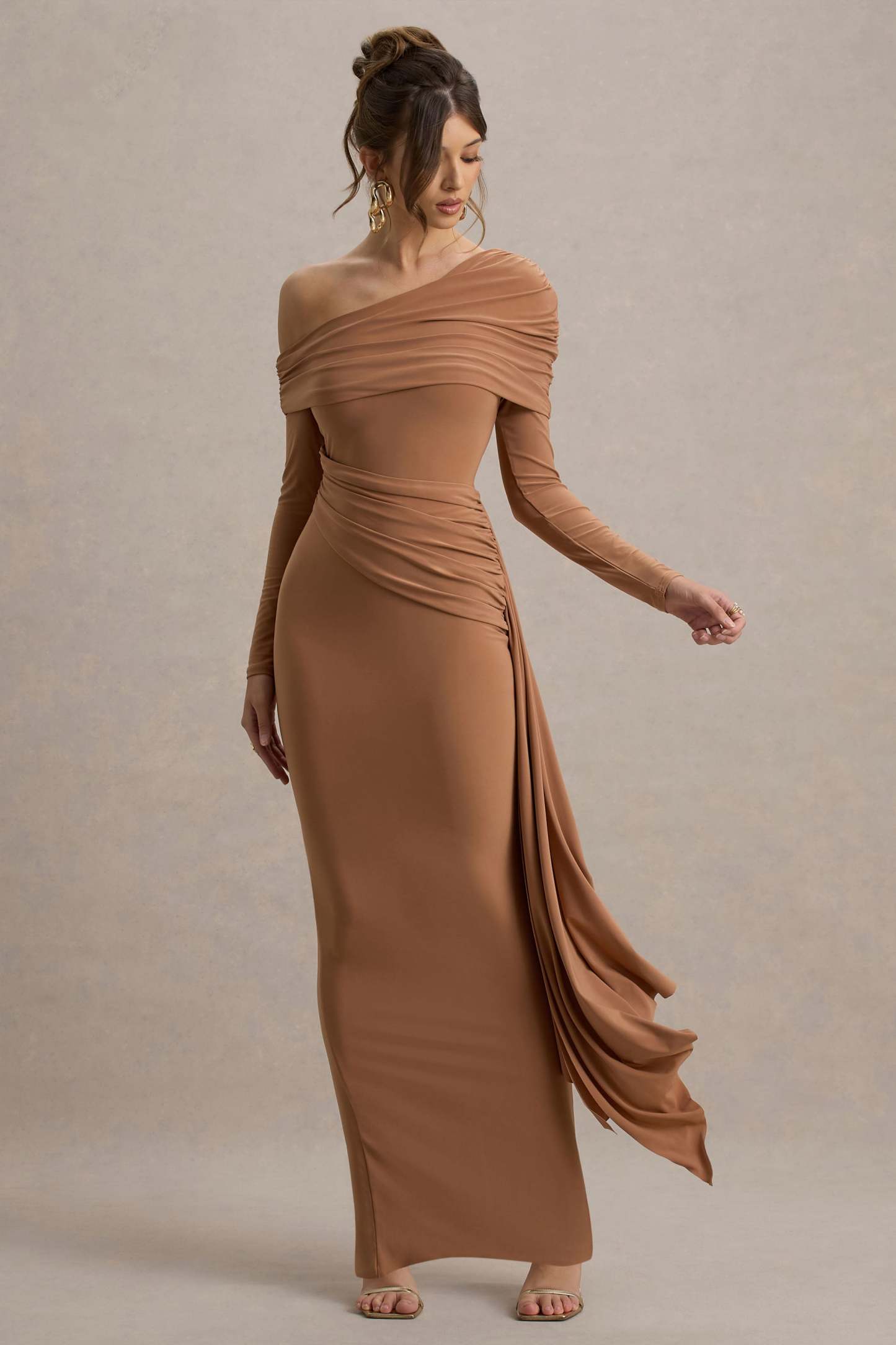 Brown Ruched Asymmetric Maxi Dress With Drape