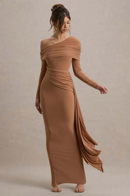 Brown Ruched Asymmetric Maxi Dress With Drape