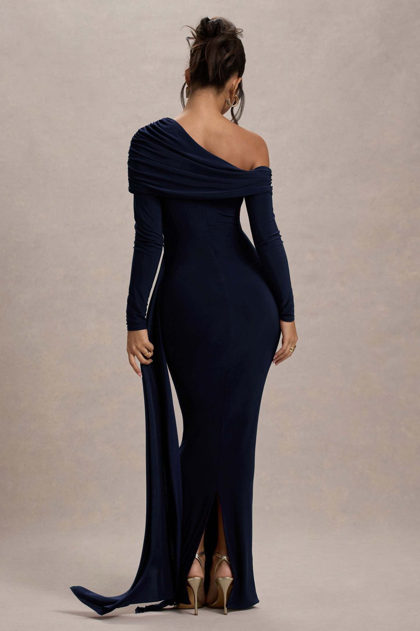 Navy Ruched Asymmetric Maxi Dress With Drape