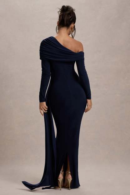 Navy Ruched Asymmetric Maxi Dress With Drape