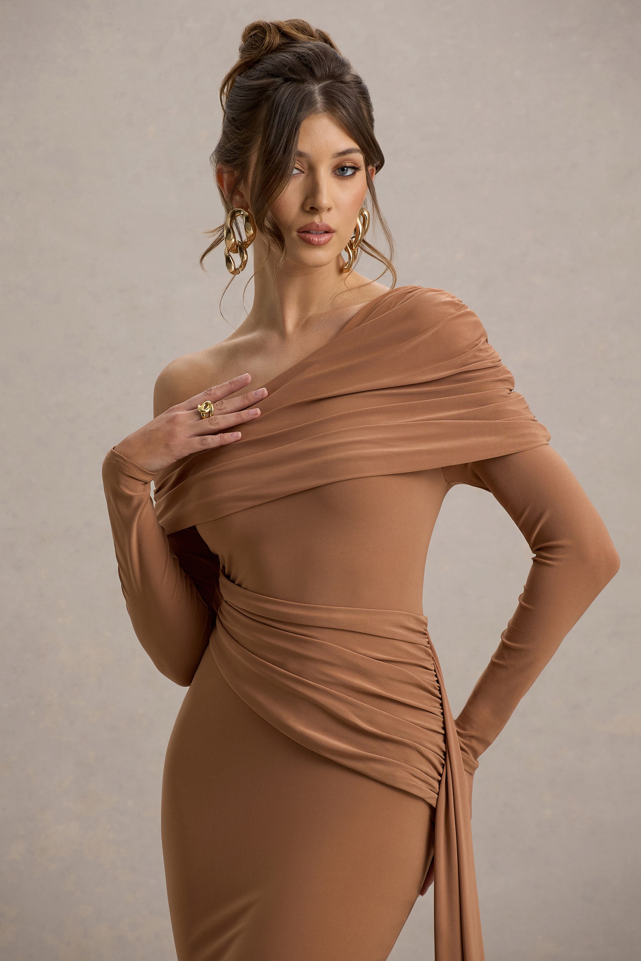 Brown Ruched Asymmetric Maxi Dress With Drape