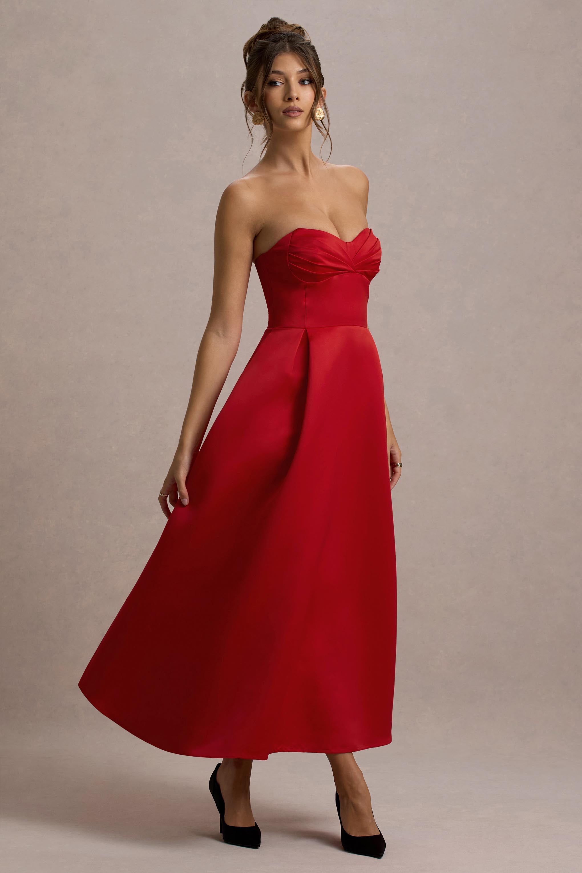 Wintour Red Satin Sweetheart Midi Dress