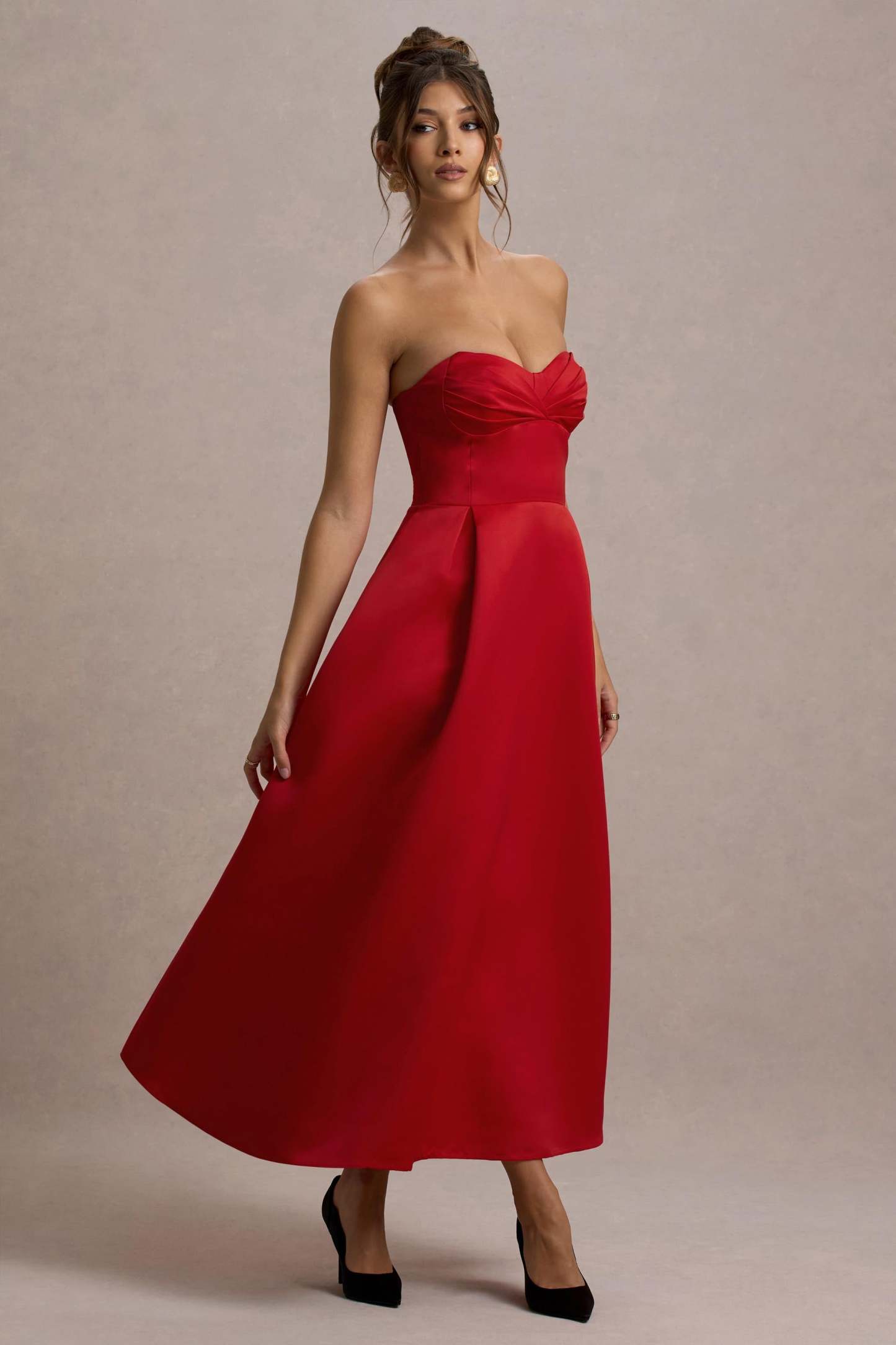 Wintour Red Satin Sweetheart Midi Dress
