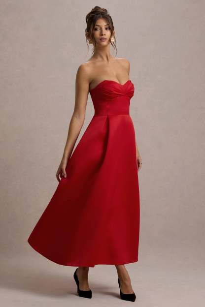 Wintour Red Satin Sweetheart Midi Dress
