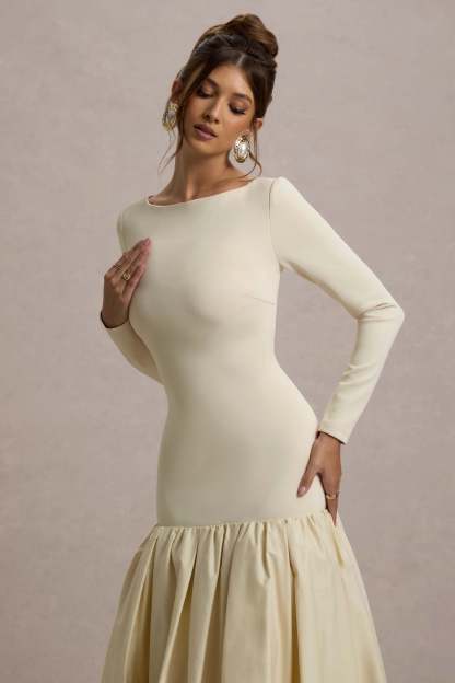 Perpetua Cream Drop-Waist Midi Dress With Volume Skirt