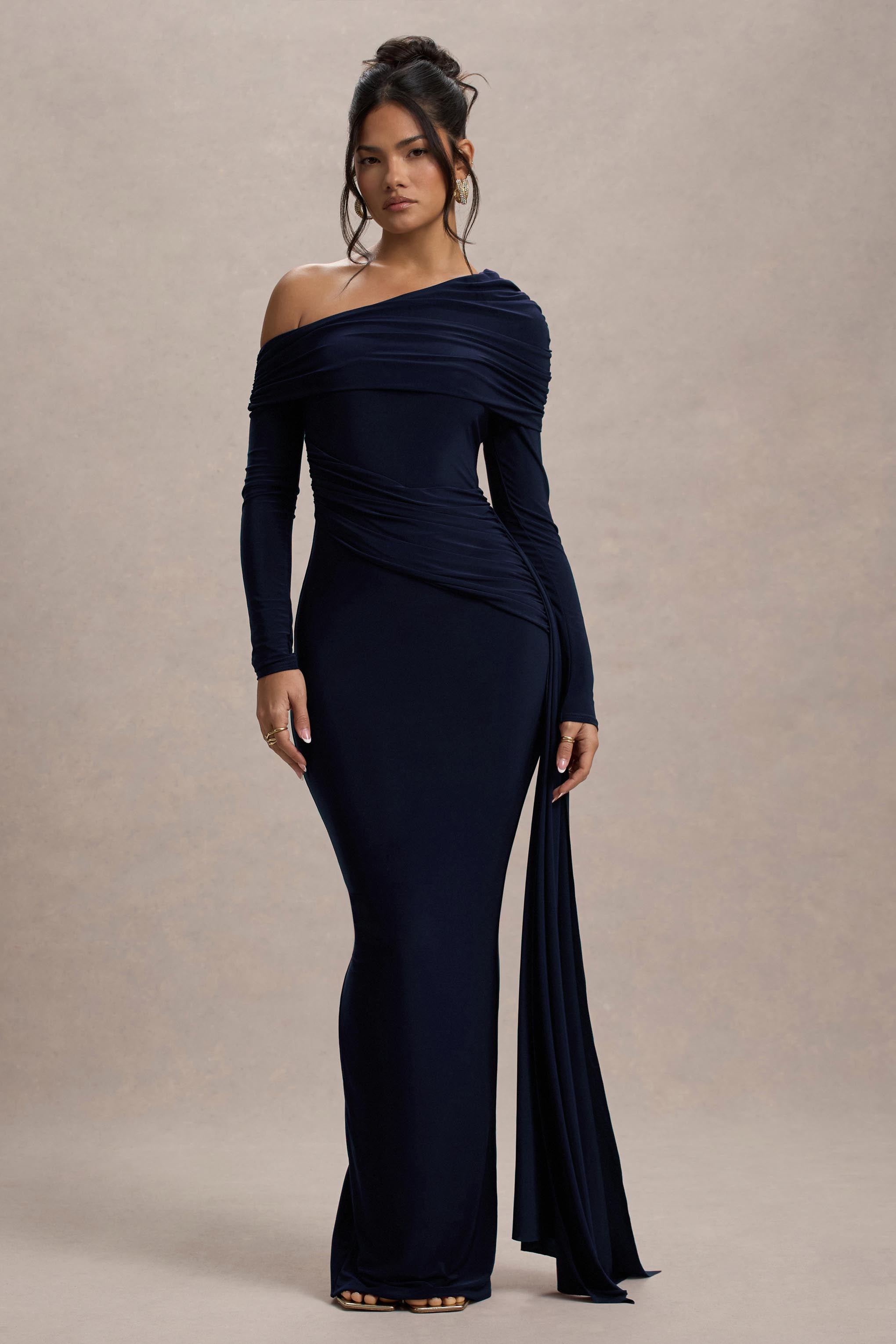 Navy Ruched Asymmetric Maxi Dress With Drape