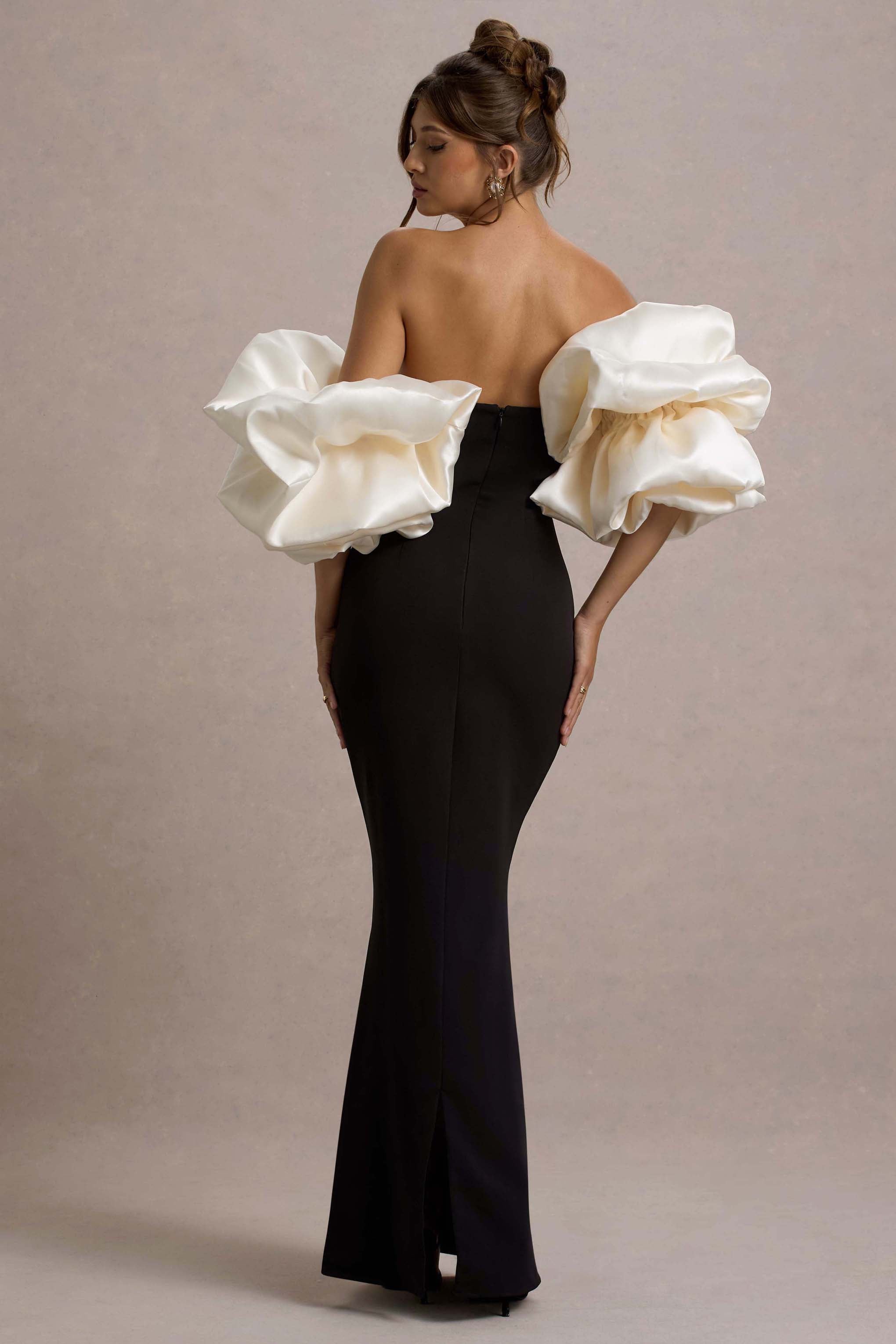 Evermore Black & Cream Puff-Sleeve Maxi Dress