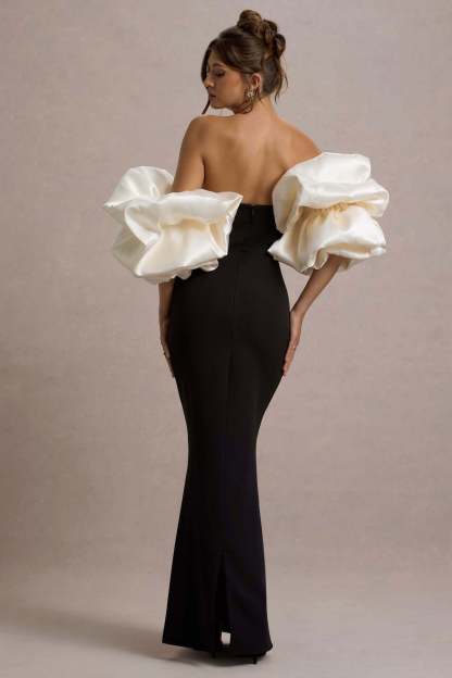 Evermore Black & Cream Puff-Sleeve Maxi Dress