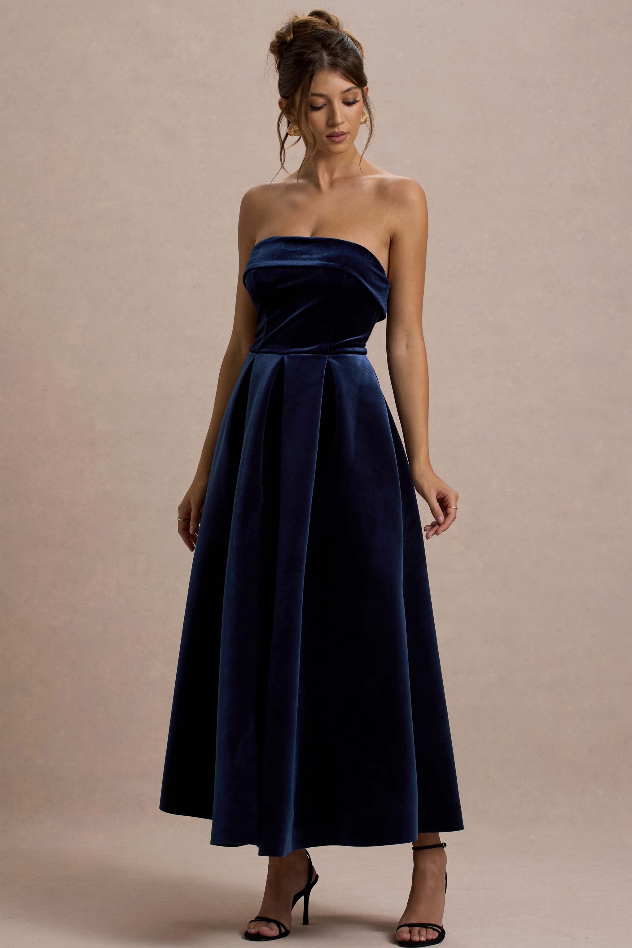 Addina Navy Velvet Bandeau Skater Midi Dress