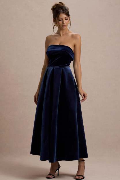 Addina Navy Velvet Bandeau Skater Midi Dress