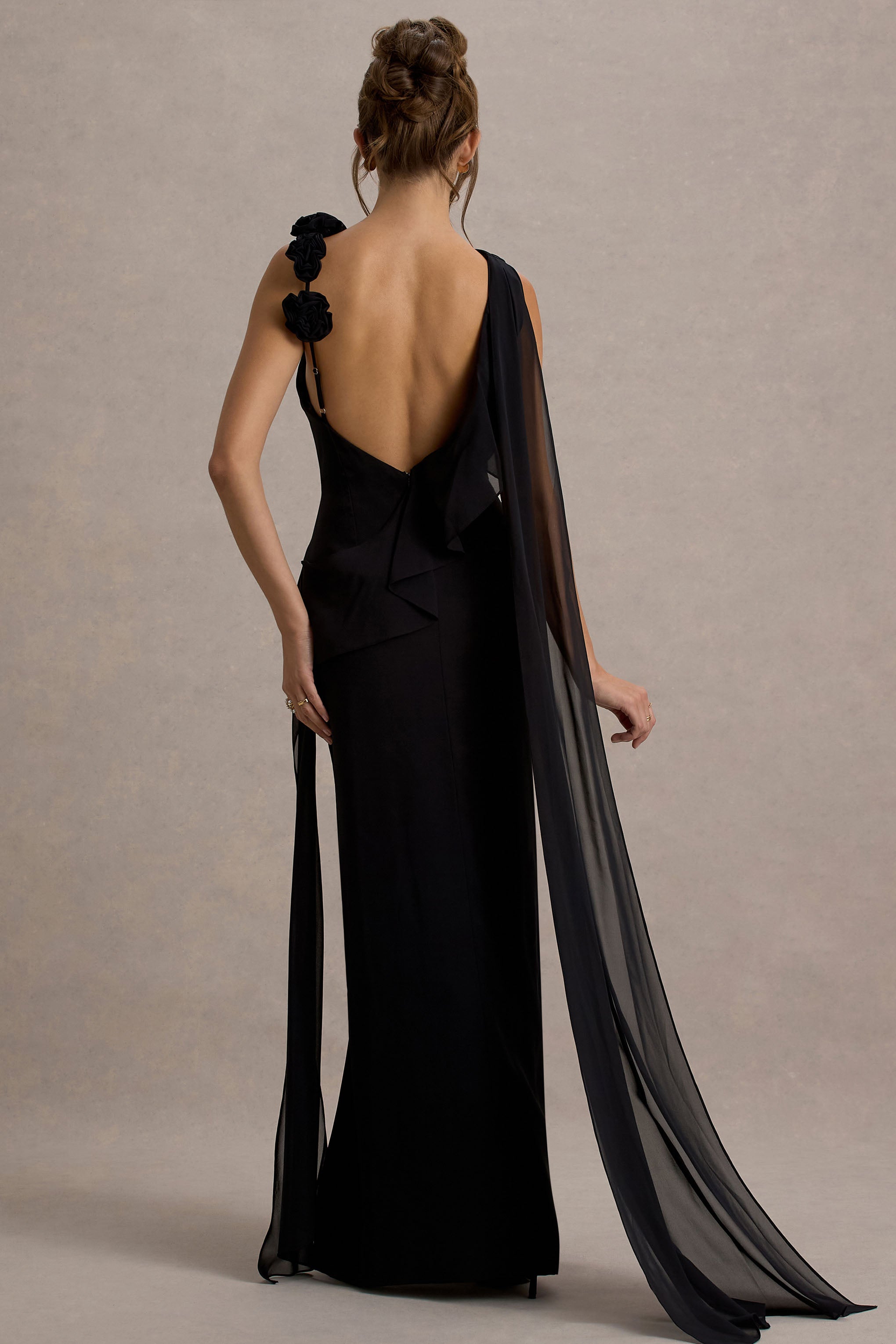 Black Chiffon Draped Split Maxi Dress With Corsages