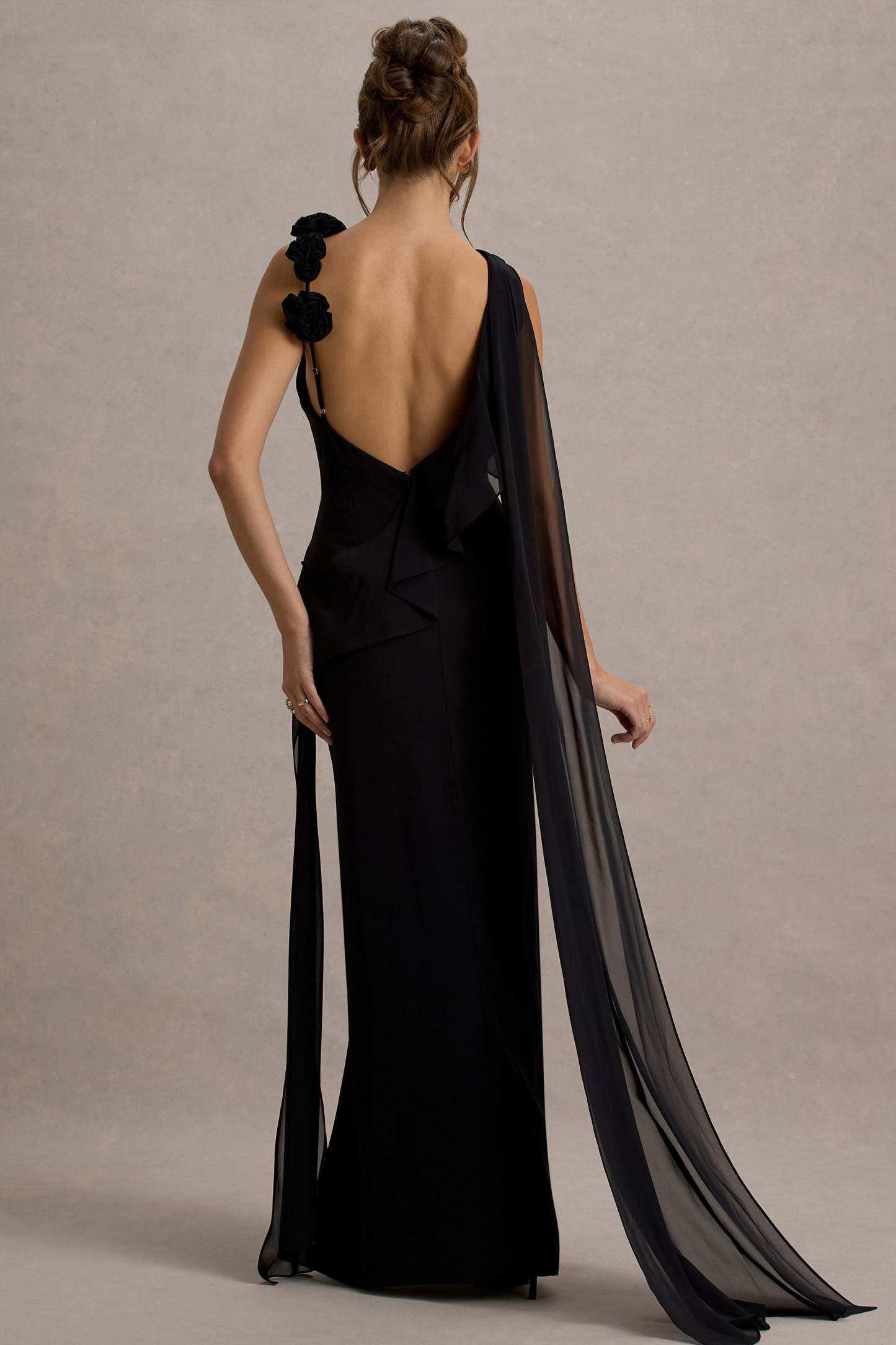 Black Chiffon Draped Split Maxi Dress With Corsages