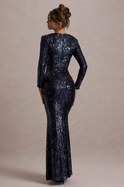 Ensley Navy Sequin Sweetheart Long-Sleeve Maxi Dress