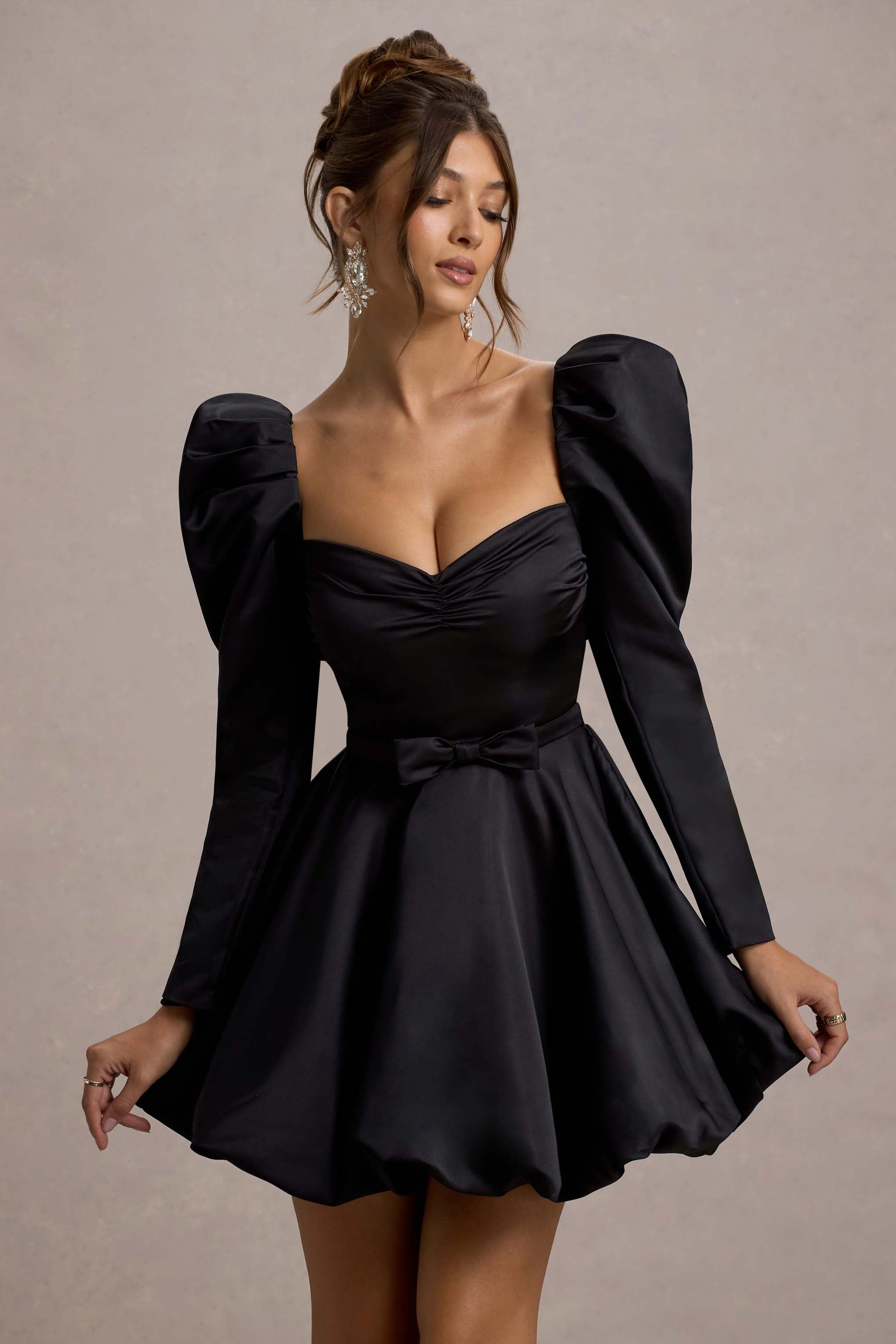Murphy Black Satin Belted Mini Dress With Puff Sleeves