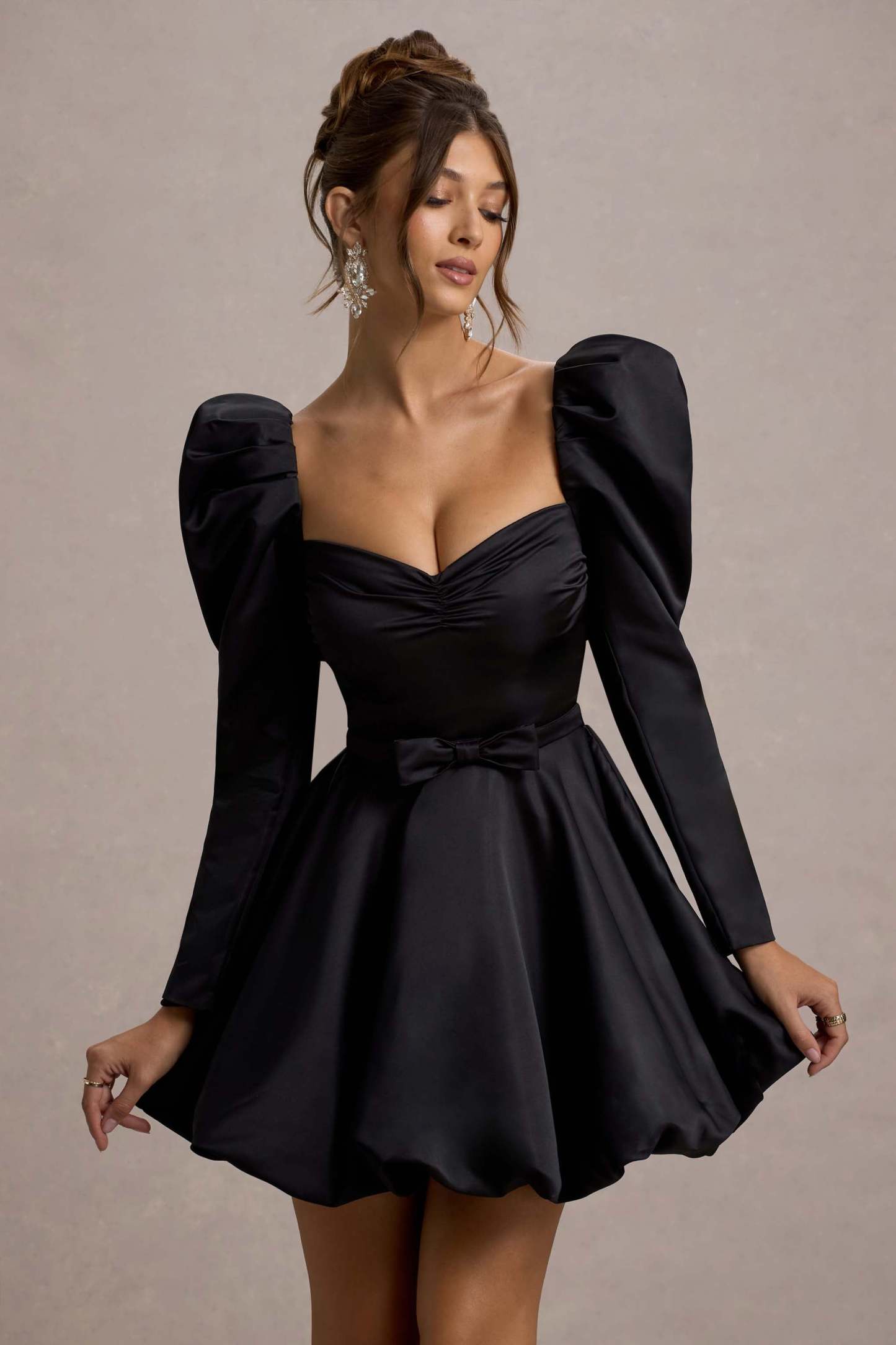 Murphy Black Satin Belted Mini Dress With Puff Sleeves