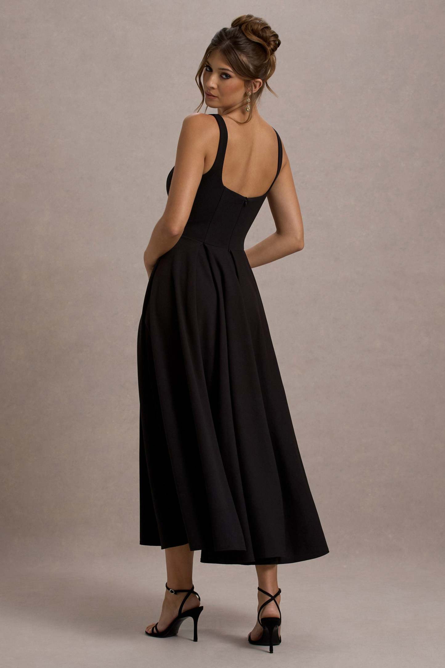 Black Strappy Volume-Hem Midi Dress