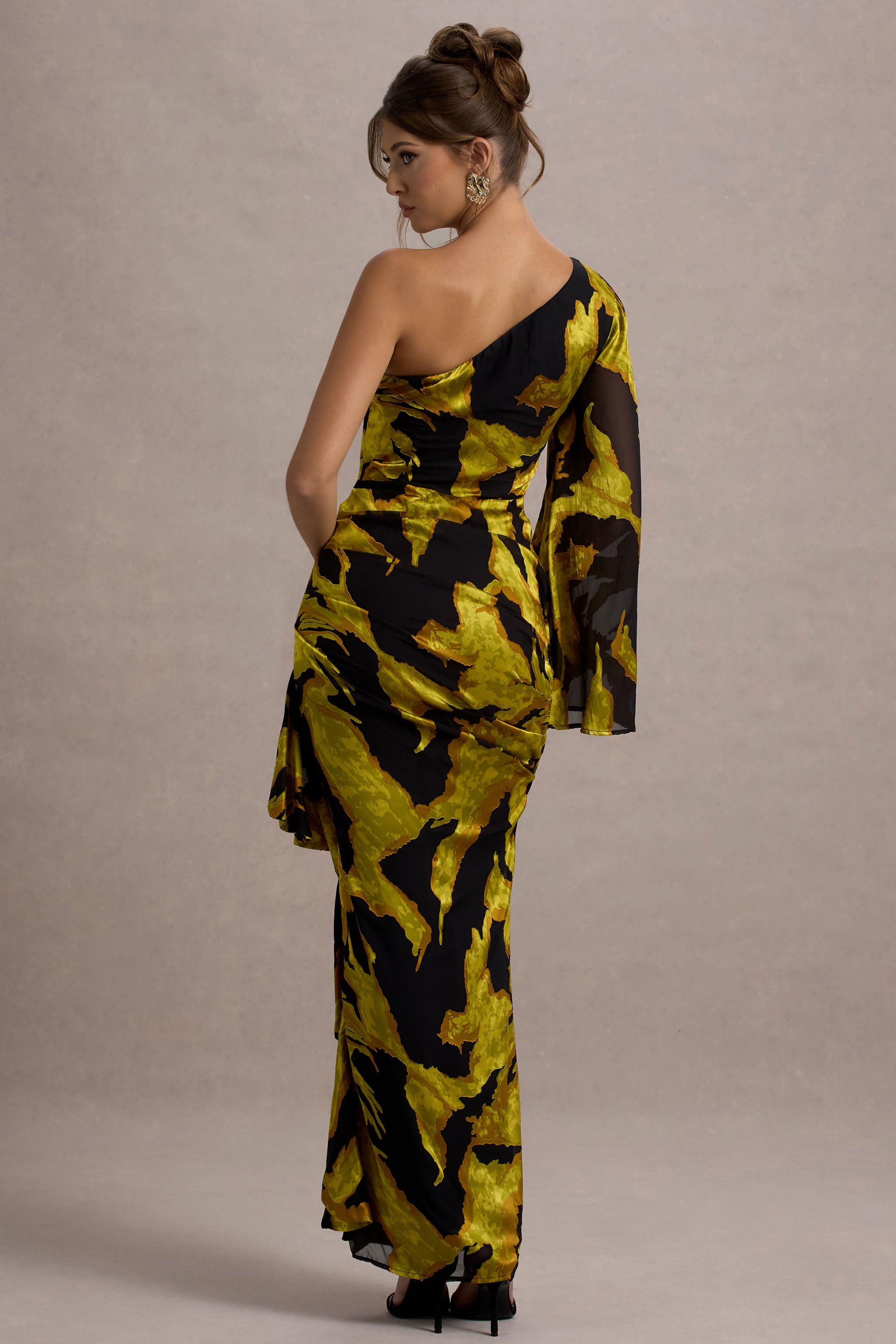 Mustard Print Satin Jacquard One Sleeve Ruffled Split Maxi Dress