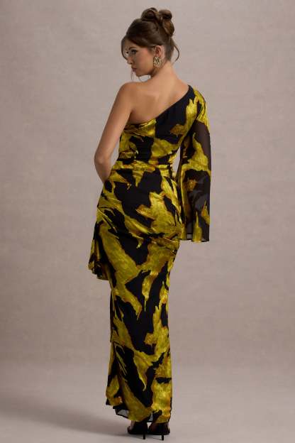 Mustard Print Satin Jacquard One Sleeve Ruffled Split Maxi Dress
