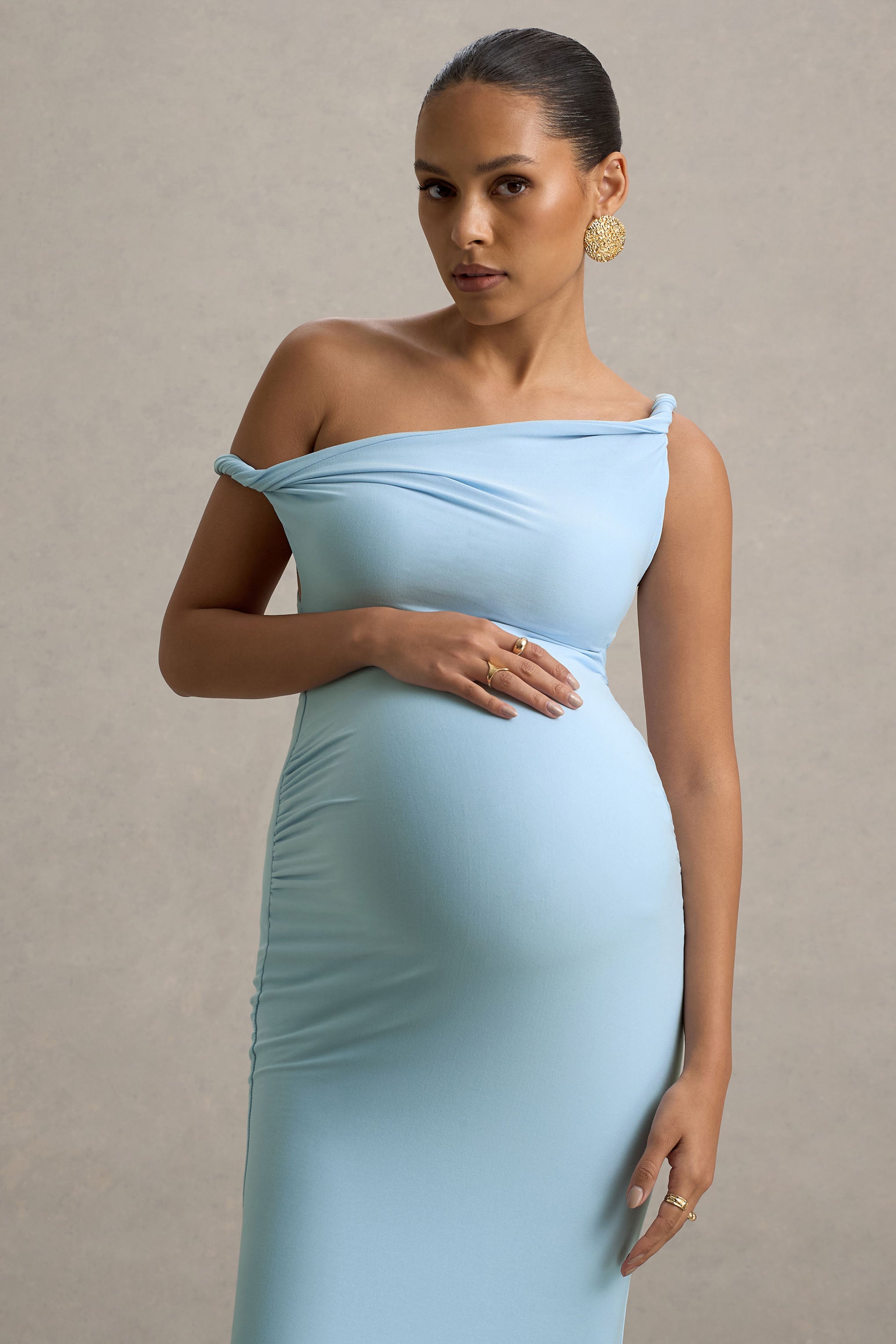 Powder Blue Twisted Asymmetric Maternity Maxi Dress