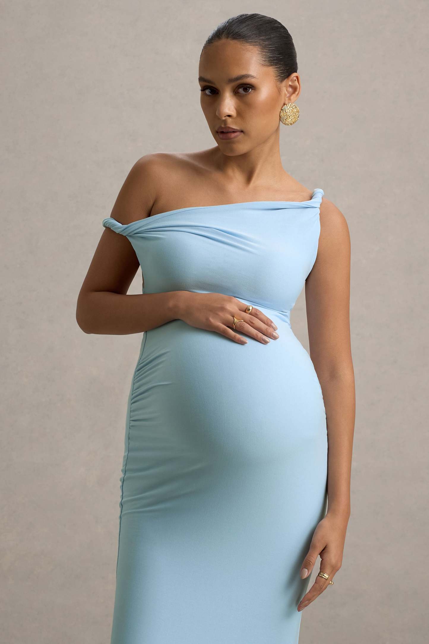 Powder Blue Twisted Asymmetric Maternity Maxi Dress